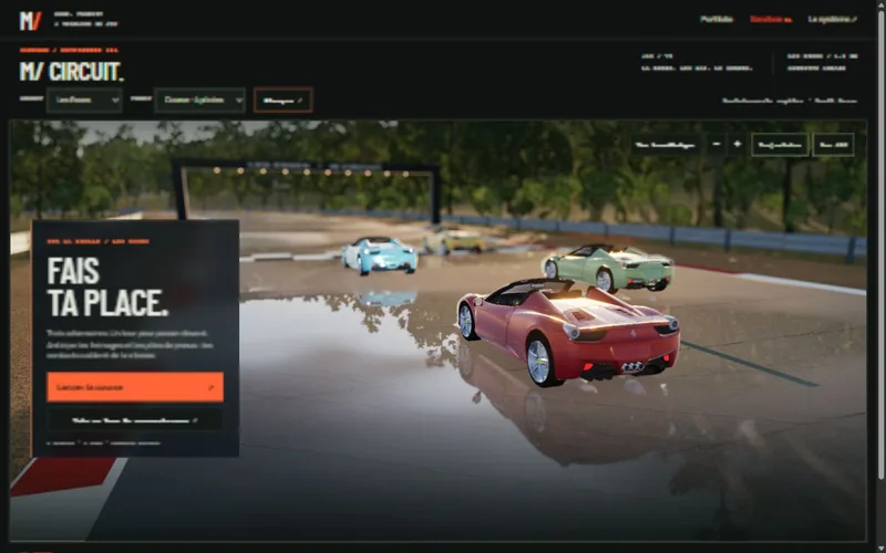 Capture du jeu M/ Circuit : les quatre Ferrari au départ des Esses, avec la forêt et leurs reflets sur la piste.