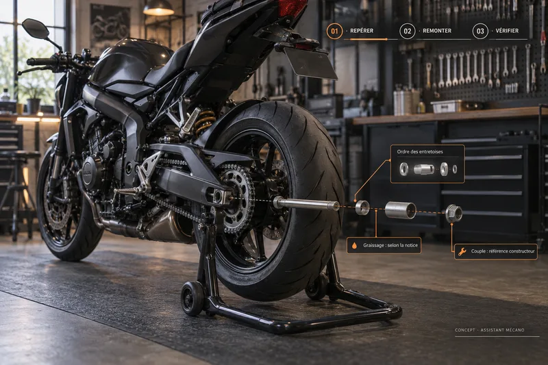 Concept généré : moto en atelier, axe et entretoises en vue éclatée, repères de remontage, graissage et couple constructeur en réalité augmentée.