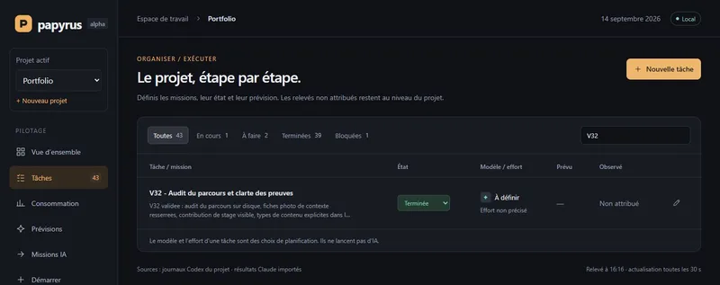 Papyrus réel : projet Portfolio, tâche d’audit V32 terminée et compteur observé non attribué.
